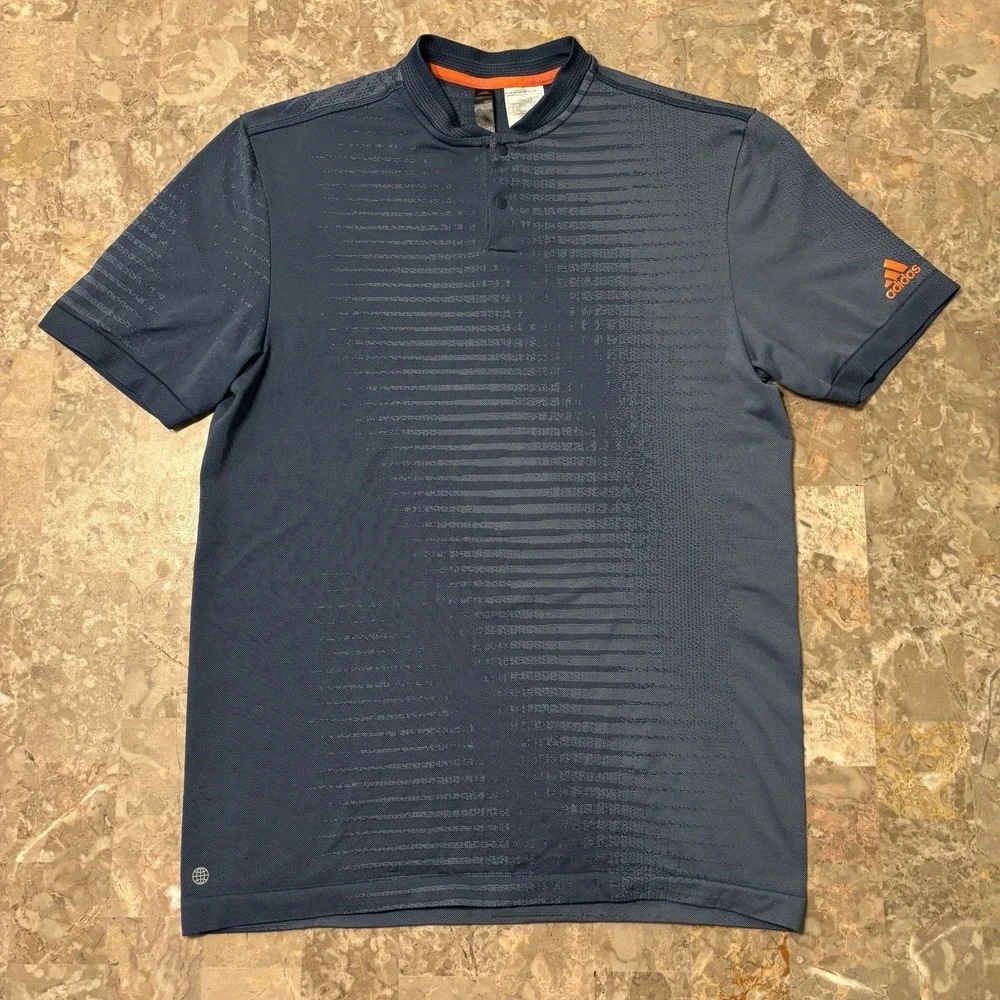 Adidas Polo Shirt Mens Small Blue Blade Collar Snap Short Sleeve Golf
